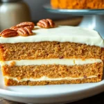 A slice of layered carrot cake cheesecake on a white plate, showing creamy cheesecake atop a moist carrot cake base. The top layer is garnished with a light sour cream topping and sprinkled with chopped toasted pecans, adding texture and a hint of color to the dessert. In the background, hints of warm spices and fresh carrots evoke the comforting, festive flavors of the cake.