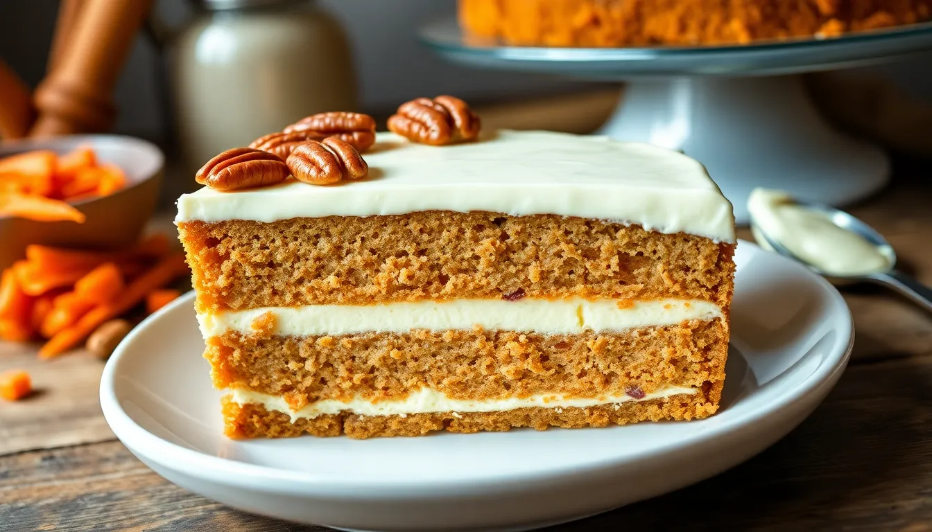 A slice of layered carrot cake cheesecake on a white plate, showing creamy cheesecake atop a moist carrot cake base. The top layer is garnished with a light sour cream topping and sprinkled with chopped toasted pecans, adding texture and a hint of color to the dessert. In the background, hints of warm spices and fresh carrots evoke the comforting, festive flavors of the cake.